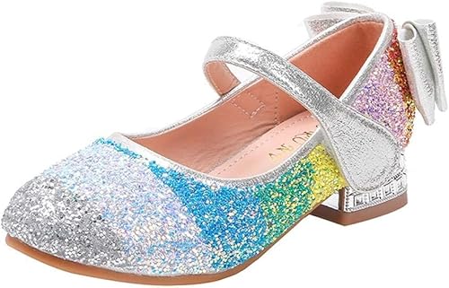 Mädchen Regenbogen Pailletten Prinzessin Schuhe Mit Bogen Dekoration, rutschfeste Slip-on Ferse Prinzessin Schuhe Für Party Performance (Silber,28EU) von Generic