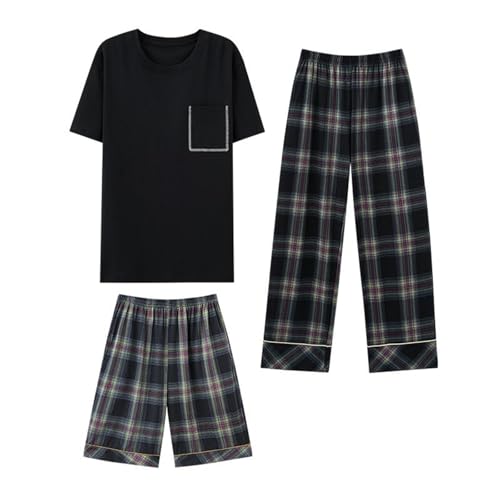 Männer Pyjama Sets Tops + Kurze Hosen + Lange Hosen 3pc/ Set Männer Baumwolle Pyjamas Sets Sommer Casual Trainingsanzug Pyjamas Männlich Hauskleidung,D,L von Generic