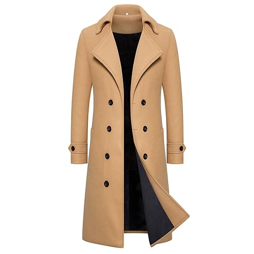 Mantel Herren Lang, Trenchcoat Herren Große Größen,Wollmantel Herren Zweireihiger Einfarbig Warmer Winterjacke Stylischer Umlegekragen Herrenmantel Lässig Slim Fit Windbreaker Coat Jacke Wintermäntel von Generic