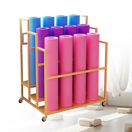 Metall Yoga-Matte Aufbewahrung Wagen mit Rädern, Schaumstoff-Rolle Yoga-Matte Lagerung Rollender Wagen mit Rädern, Groß Robuste Yoga-Matte Gestell Kommerziell Organizer für Yoga Studio(Gold,3 Tier-80x von Generic