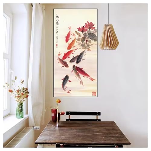 Modernes Poster mit Lotusblume und neun Fischen Leinwandbild Wandkunst Bilddrucke natürliche Leinwandmalerei Wandkunst für Zimmer Heimdekoration 40x80cm ungerahmt von Generic