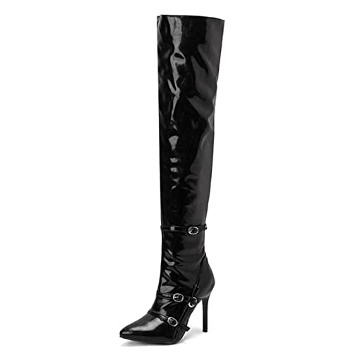 Modische Damenstiefel, 11 cm, glänzende Superstiefel, Overknee-Stiefel aus Lackleder, Stiletto-Seitenreißverschluss, Gürtelschnalle, spitz zulaufende Reiterstiefel von Generic