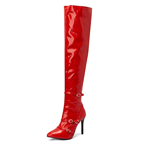 Modische Damenstiefel, 11 cm, glänzende Superstiefel, Overknee-Stiefel aus Lackleder, Stiletto-Seitenreißverschluss, Gürtelschnalle, spitzer Zehenbereich, Reiterstiefel von Generic