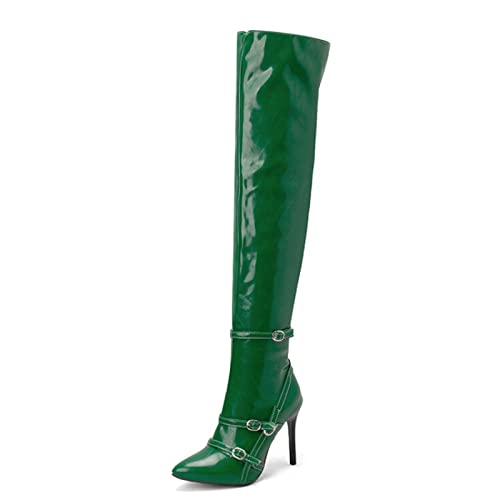 Modische Damenstiefel, 11 cm, glänzende Superstiefel, Overknee-Stiefel aus Lackleder, Stiletto-Seitenreißverschluss, Gürtelschnalle, spitzer Zehenbereich, Reiterstiefel von Generic