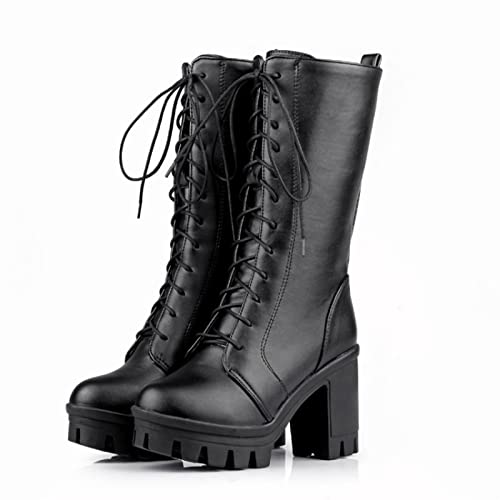 Modische Damenstiefel, hohe Schnürstiefel für Damen, Schwarze hohe Stiefel aus Kunstleder mit Blockabsatz, Schwarze Damenstiefel, hohe Damenstiefel von Generic