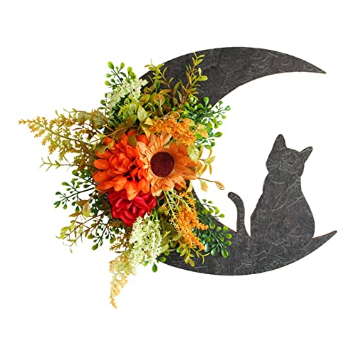 Mond-Halloween-Kränze für die Haustür, Halloween-Mondkranz mit Katze, Wanddekoration, Halloween-Katzen-Türkranz, Katzen-Halloween-Dekorationen für drinnen und draußen, Fenster, Wandkunst, Weihnachten von Generic