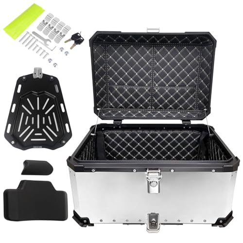 Motorrad Top case Koffer 45L 55L 65L 80L 100L Aluminium Motorradkoffer Heckkoffer für Roller Wasserdicht Motorrad-Heckbox Kofferraum Heckkoffer top Box mit Rückenlehne(Silber,80 L) von Generic