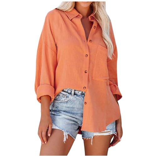 Musselin Bluse Damen Große Größen-Hemd Damen Langarm,Langarmshirt Damen Oversize Revers Hemdbluse Einfarbige T-Shirts Blusenshirt Locker T Shirt Polohemd Herbst Lässig Freizeithemd Tops von Generic