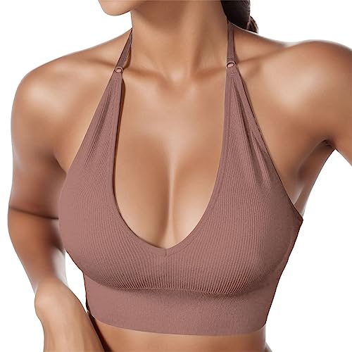 Neckholder Sport BH Rückenfrei Damen Tiefer V Ausschnitt Verstellbar Träger Push up Ohne Bügel Nahtlos Backless Halt Gym Bra Crop Top für Yoga Fitness Workout (Beige,S-L) von Generic