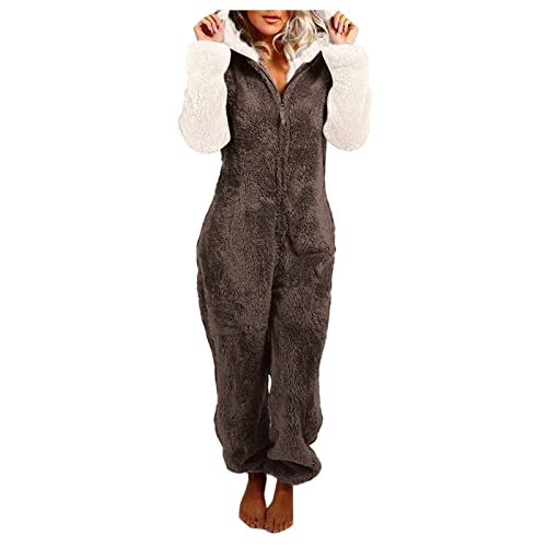 Onesie Damen, Schlafanzug Damen Einteiler, Winter Jumpsuit Damen Warm, Schlafoverall Damen Schlafanzug Damen Kuschelig Teddy Fleece Einteiler Overall Mit Kapuze Jumpsuit Damen Winter Elegant von Generic