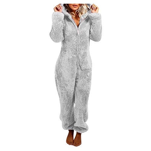 Onesie Damen, Schlafanzug Damen Lang, Schlafanzug Einteiler Fleece, Winter Schlafoverall Warm, Fleece Schlafanzug Kuschel Pyjama Jumpsuit Loungewear Hut Mit Zip Einteiler Schlafanzug Damen Lustig von Generic