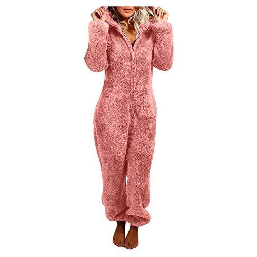 Onesie Pyjama Damen Lang, Jumpsuit Damen Kuschelig, Schlafanzug Einteiler Fleece, Große Größen Warm Overall, Kuschel Jumpsuit Hut Mit Fauler Stil Jumpsuit Schlafanzug Pyjama Einteiler Damen Baumwolle von Generic