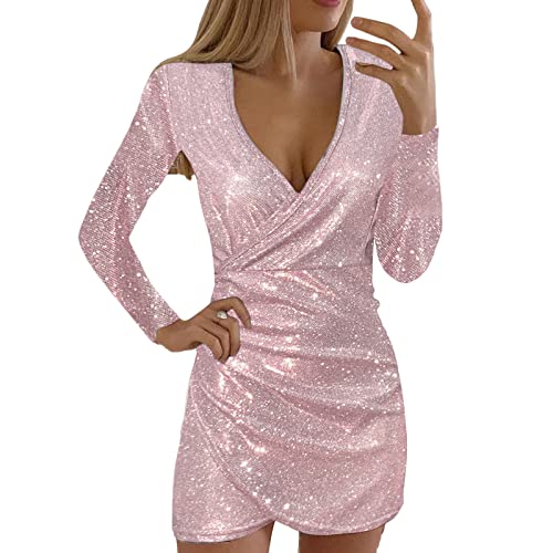 Pailletten Kleider für Damen Gold Glitzer Kleid Partykleid Kurz Silber Schwarz Glitzer Kleid Pailletten Kleider Fransen Langarm Cocktailkleid Elegant Sexy Hochzeitskleid Festlich Abendkleid von Generic