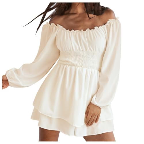 Piratenkostüm Damen Kleid, Piratenkleid Damen Langarm,Karneval Kostüm Off Shoulder Kleider Sommerkleid mit Integrierten Shorts Rüschenkleid Mode Freizeit Einfarbig Plissee Minikleid für Faschings von Generic