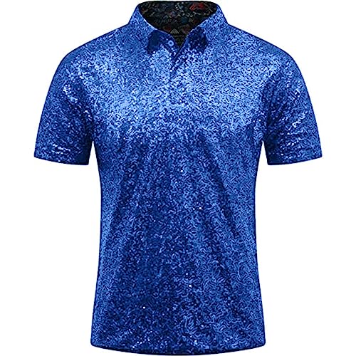 Poloshirt Herren mit Pailletten- Glitzer T-Shirt Herren Revers,Kurzarm Shirt Herren Slim Fit Funky Vintage Tshirt Hemd 70er Disco Party Kostüm Glänzend Oberteil für Fasching Nachtclub Mottoparty von Generic