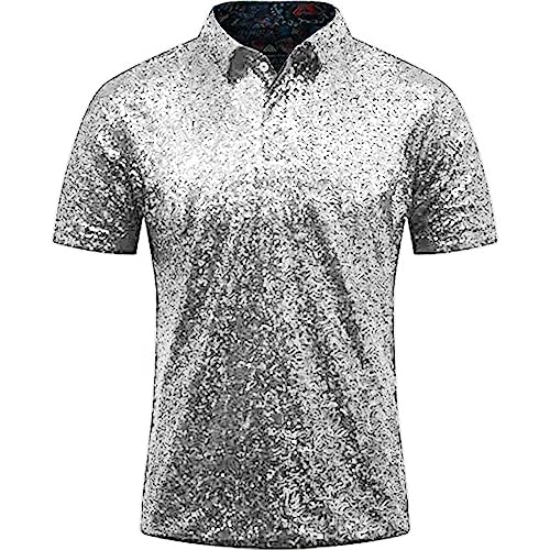 Poloshirt Herren mit Pailletten Glitzer T-Shirt Revers Kurzarm Shirt Slim Fit Lässige Vintage Tshirt Hemd 70er Disco Party Kostüm Glänzend Oberteil für Fasching Nachtclub Mottoparty von Generic