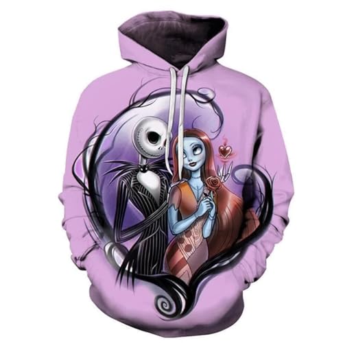 Pullover mit Kapuze Herren Weihnachten, Weihnachts Sweatshirt Herren Hoodies,Langarm Weihnachtspullover Lockerer Kapuzenpullover Nightmare Before Christmas Jack und Sally 3D Print Kapuzenpulli von Generic