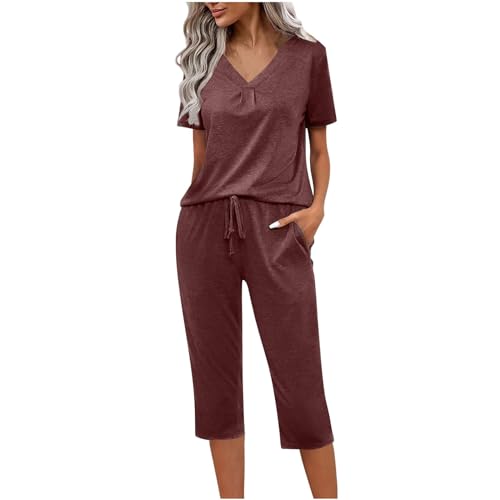 Pyjama-Set für Damen, bequemes Kurzarm-Oberteil und Hose mit weitem Bein, verkürzte Hose, Pyjama-Set mit Taschen, Damen-Pyjama-Sets aus Baumwolle mit Blumendruck, Damen-nachtwäsche, lässige von Generic