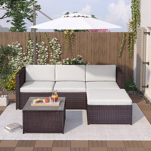 Rattan-Gartenmöbel-Set, 5-teiliges Lounge-Ecksofa-Set mit Sitz- und Rückenkissen, Lounge-Tisch für Garten/Außen/Terrasse/Pool/Hinterhof (braun) von Generic