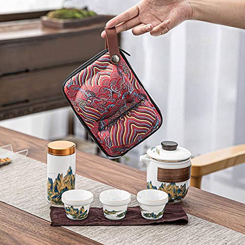 Reise-Keramik-teekannen-Set, Kung-fu-teekanne, 1 kanne, 3 Mini-tassen, 1 teedose, Porzellan-teetassen mit Tee-Ei, tragbare Tasche für Picknick im freien von Generic