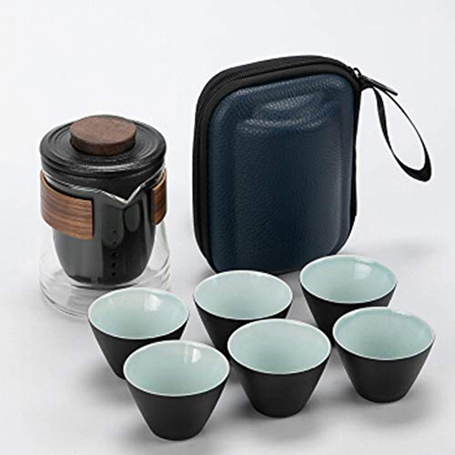 Reise-Keramik-teekannen-Set, Kung-fu-teekanne, 1 kanne, 6 Mini-tassen, Porzellan-teetassen mit Tee-Ei, tragbare Tasche für Picknick im freien von Generic