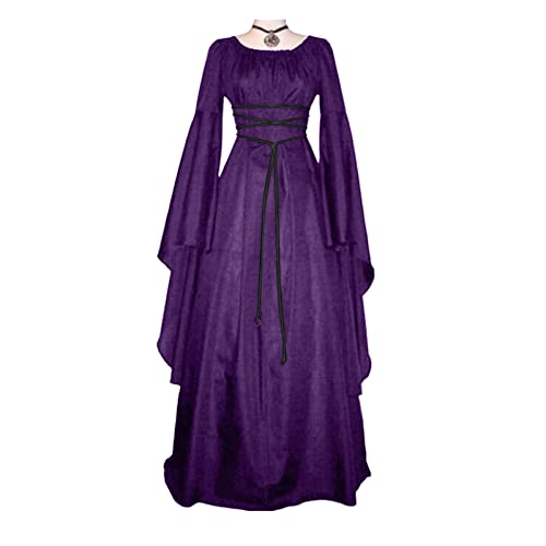 Renaissance Kleid Damen, Übergröße A-Linie Schnüren Maxi Kleider Mit Trompetenärmel Faschingskostüme Palaststil Für Halloween Mittelalter Party Kostüm von Generic