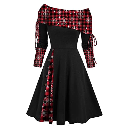 Retro Weihnachtskleid Dame,Weihnachts Kleid Damen Langarm Kleid Sexy Schulterfrei Cocktailkleid Hohe Taille Elegant Partykleid Kariertes A Linie Kleider Schneeflocke Festliche Kleider von Generic