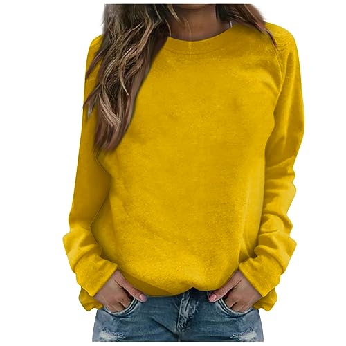 Sale Angebote, Langarmshirt Damen Damen Pullover Einfarbig Rundhals Langarm Pulli Ohne Kapuze Locker Casual Sweatshirt Klassisch Basic Kleidung Damen Bauchfreies Oberteil Damen(Gelb,XL) von Generic