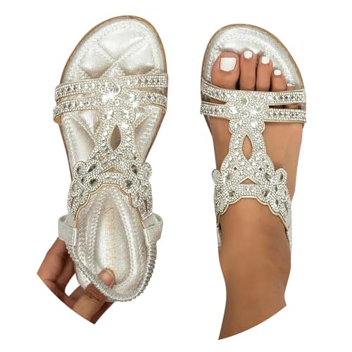 Sandalen Damen Sommer Elegant Flache Strass Bohemia T-Riemen Frauen Sandalen Weichen Sohlen Sommerschuhe Glitzer Flip Flops Gummiband Slingback Sandalen Mädchen Strandschuhe von Generic