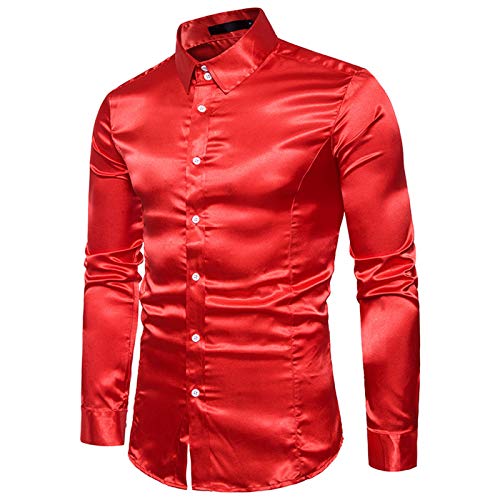 Satin Hemd Herren Glänzende-Langarmshirt Herren Revers-Glitzer Hemden Herren Langarm Freizeit Einfarbig Glänzendes Button Down Shirt Freizeithemd Karneval Partyshirt für Tanz Disco-Nachtclub Kostüme von Generic