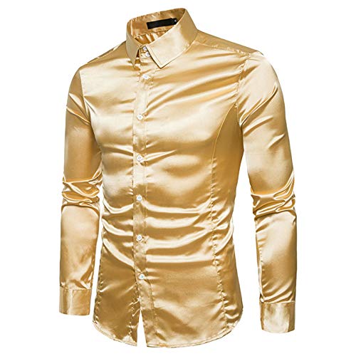 Satin Hemd Herren Glänzende- Langarmshirt Herren Revers-Glitzer Hemden Herren Langarm Modische Einfarbig Glänzendes Button Down Shirt Freizeithemd Karneval Partyshirt für Tanz Disco-Nachtclub Kostüme von Generic