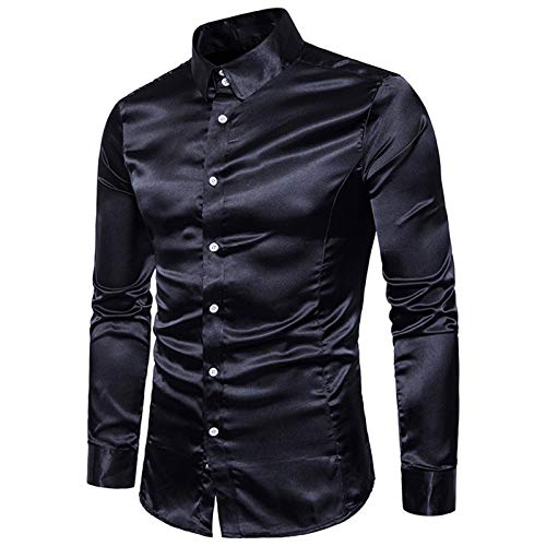 Satin Hemd Herren Glänzende-Langarmshirt Herren Revers Glitzer Hemden Langarm Casual Einfarbig Glänzendes Button Down Shirt Freizeithemd Karneval Partyshirt für Tanz Disco-Nachtclub Kostüme von Generic