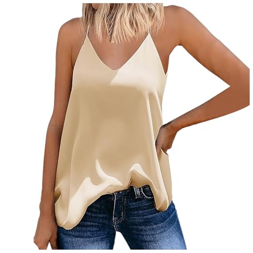 Satin Top Damen Spaghetti Tops V-Ausschnitt Tank Top Silk Cami Ärmellose Sommer T Shirt Träger Cami Tank Top Oberteile Basic Seidentop Oberteile von Generic