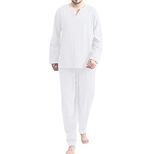 Schlafanzug Herren Baumwolle Leinen Pyjama Sets Casual Sportanzug 2 Teiliges V-Neck Freizeitanzug Set (Grau,3XL) von Generic