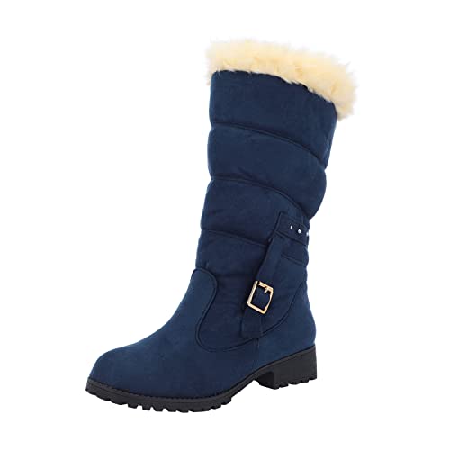 Schneestiefel mit offenem Rand, Revers, warme Stiefel, warme Damen-Schneestiefel mit klobigem Absatz, Gürtelschnalle, mittelhohe Stiefel, Damenstiefel zum Wandern, Schneestiefel für breite Füße, von Generic