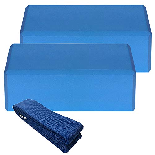 Set aus Yoga-Steinen und Dehnbändern, 2 Stück Eva-Yoga-Steine ​​und 182,9 cm Baumwollgurt für Fitnessstudio und Heimfitness (Blue) von Generic