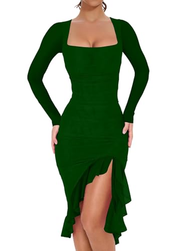 Sexy Ruched Bodycon Midi Kleider Elegante Mesh Langarm Quadratischer Hals Rüschen Hem Cocktail Party Kleid,Grün,XS von Generic