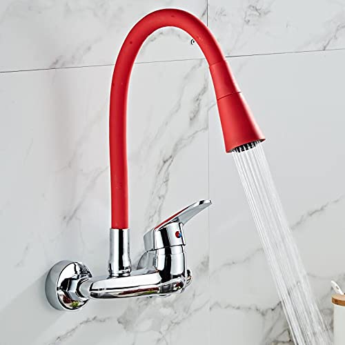 Shower Head Waschbecken-Mischbatterie, wandmontierter Wand-Küchenarmatur, Wand-Küchenmischer, Küchenspüle-Wasserhahn, 360 Grad drehbarer Flexibler Schlauch, Doppelloch-Mischbatterie, Wand-Wasserhahn, von Generic