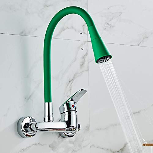 Shower Head Waschbecken-Mischbatterie, wandmontierter Wand-Küchenarmatur, Wand-Küchenmischer, Küchenspüle-Wasserhahn, 360 Grad drehbarer Flexibler Schlauch, Doppelloch-Mischbatterie, Wand-Wasserhahn, von Generic