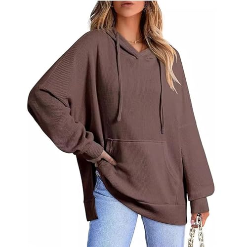 Soft and Stretchy Tunic Hoodie,Fashion Hoodies Waffle Knit Side Slit Rounded Hem Hoodie with Pockets (Brown,2XL) von Generic