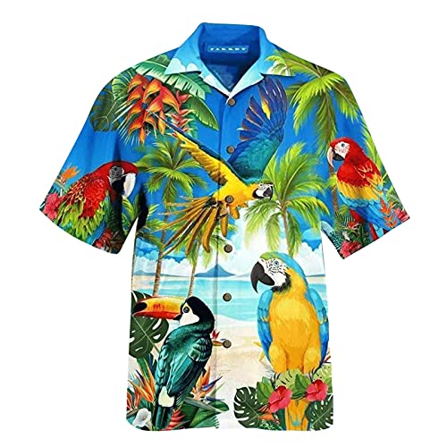 Sommer Hawaii Hemd Männer Papageie Gedruckt Shirt Kurzarm Revers Streetwear Lose Urlaub Strand Bekleidung Tops,Blue,3XL(Bust:126cm) von Generic