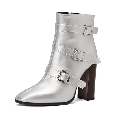 Spitze Stiefeletten für Damen mit hohen Absätzen, seitlicher Reißverschluss, quadratischer Dicker Absatz, Schuhgürtelschnalle, elegant und einfach, passendes Kleid, Absatzhöhe 10 cm von Generic