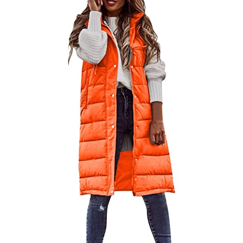 Steppweste Lang Damen, Damen Weste Lang, Daunenweste Damen Lang Große Größen Long Weste Damen Mit Kapuze Einfarbig Daunenweste Damen Mit Tasche Casual Warme Damen Weste Herbstweste Winterjacke von Generic