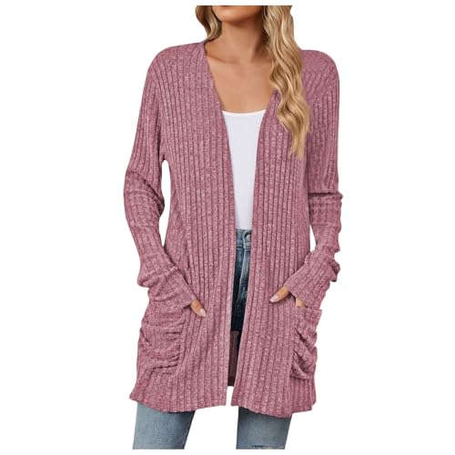 Strickjacken Für Damen V-Ausschnitt Mit Taschen Cardigan Vorne Offen Dünne Jacke Langarm Einfrabige Strickcardigan Top Elegant Locker Strickmantel Strickjacke Leichte Klassisch Oberteile von Generic