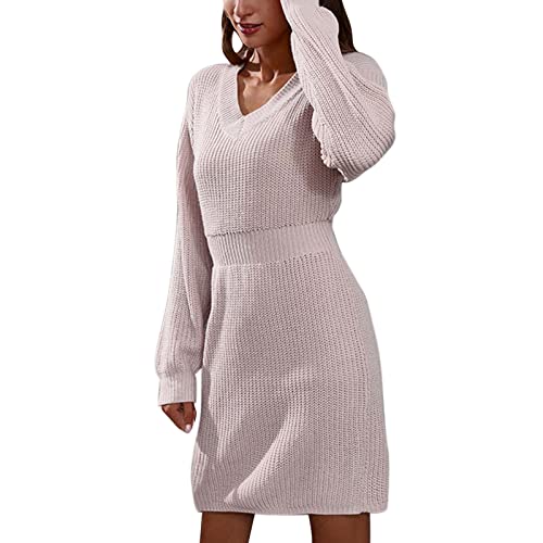 Strickkleid Damen Winter, A-Linien Einfarbig Elegant Pulli Kleid Langarm Knielang Wickel Pulloverkleid Zopfmuster Strickrock Pullover Kleid Damen Gestrickt Basic Pulloverkleid von Generic