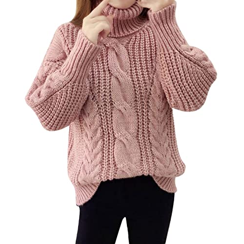 Strickpullover Damen, Langarm Rollkragenpullover Vintage Grobstrick Lose Beiläufige Sweater Damen Solide Knit Elastisch Tops Female Strickpullover Pendelverkehr Gym Business Pullover von Generic