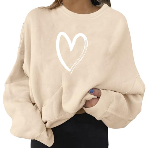 Sweatshirt Damen Oversized, Rundhals Pullover Damen Aufdruck,Langarmshirt Locker Lässige Sporttop Herbst Winter Fleecepullover Mode mit Herzform Muster Oberteile für Frauen Teenager Mädchen von Generic