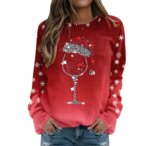 Sweatshirt Damen Weihnachten, Weihnachten Pullover, Lustig Weinglas Muster Christmas Sweater Weihnachtliche Langarm Basic-Sweatshirts Für Damen Rundhals Große Größen Pullover Sweatshirt Für Frauen von Generic