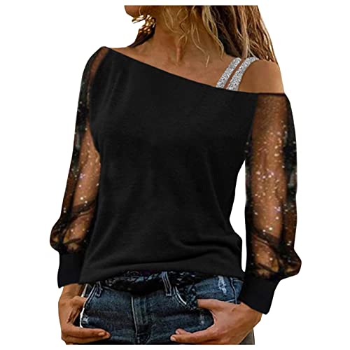 T-Shirt Damen Schulterfrei Oberteile Sexy Glitzer Langarmshirt Casual Mode Langarm Shirt Bluse Tops Tunika Elegant Einfarbig Pullover Jumper Herbst Winter Spitze Streetwear Laufshirt von Generic