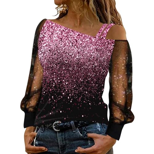 T-Shirt Damen Schulterfrei Oberteile Sexy Glitzer Langarmshirt Casual Mode Langarm Shirt Bluse Tops Tunika Elegant Einfarbig Pullover Jumper Herbst Winter Spitze Streetwear Laufshirt von Generic